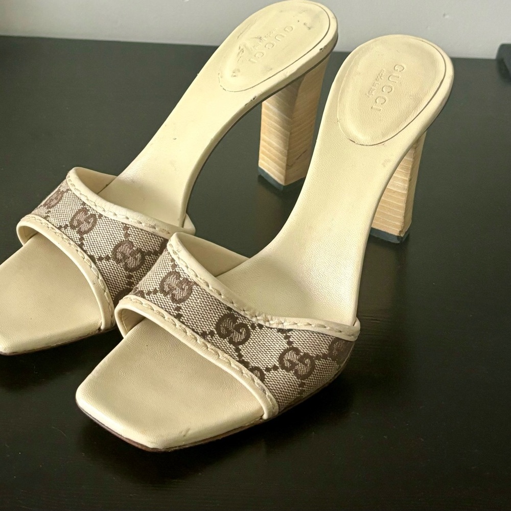 Gucci Cream and Brown Women's Heeled Mules